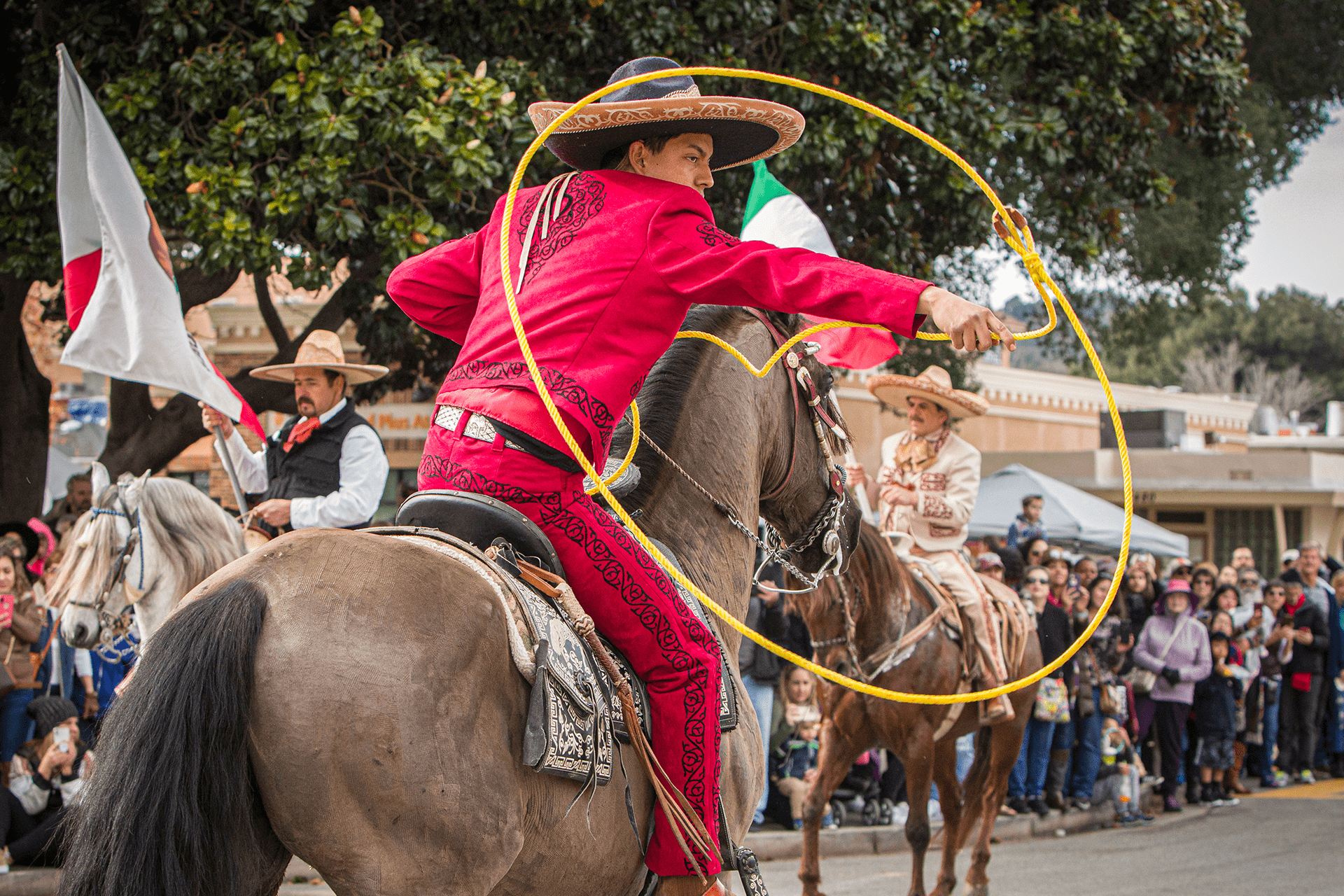 Image of man riding a dancing horse and swinging a lasso in front of on looking crowd - Photo by Keith Bergher